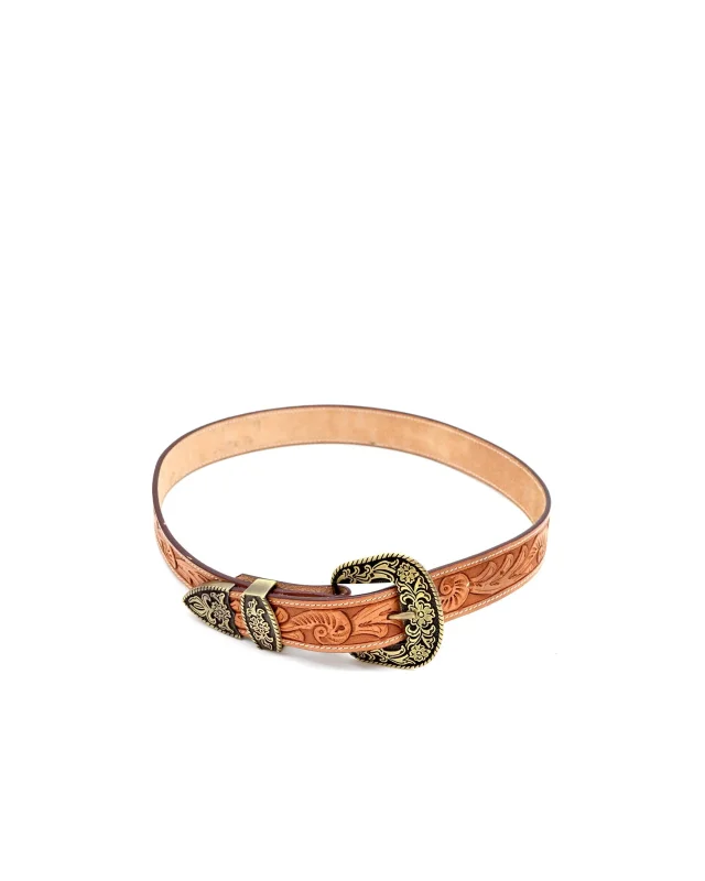 Hand Tooled Leather Belt with Western Buckle and Tip